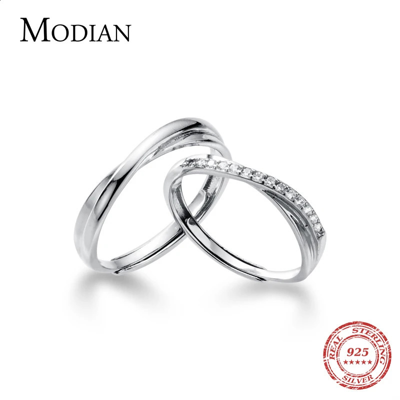 Modian Romantic Engagement Couple Ring 925 Pure Silver Shiny Transparent CZ Gloss Line A Pair Ring Jewelry 250422