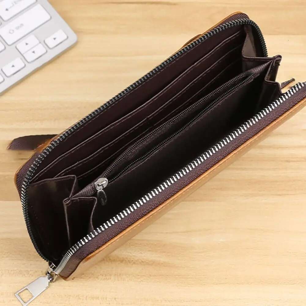 Fashion Cowhide Long Wallets Large Capacity Soft Leather Coin Purse Zipper Multifunction Phone Clutch Bag Male Men