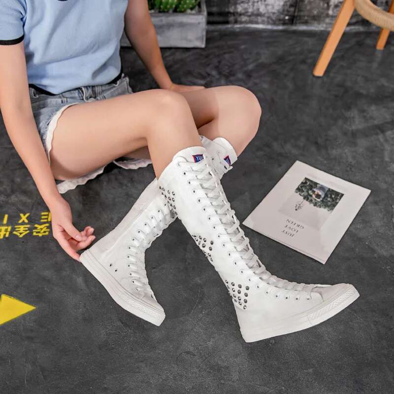 Spring and summer new long lace-up side zipper knee-high boots casual flat inner heightening large-size rivet canvas women shoes