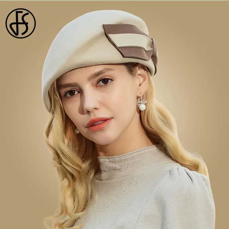 FS Vintage Wool French Beret Hats Women Fedora Black Felt Hats Winter Big Bow Elegant Ladies Church Hat Wedding Berret Femme J251125