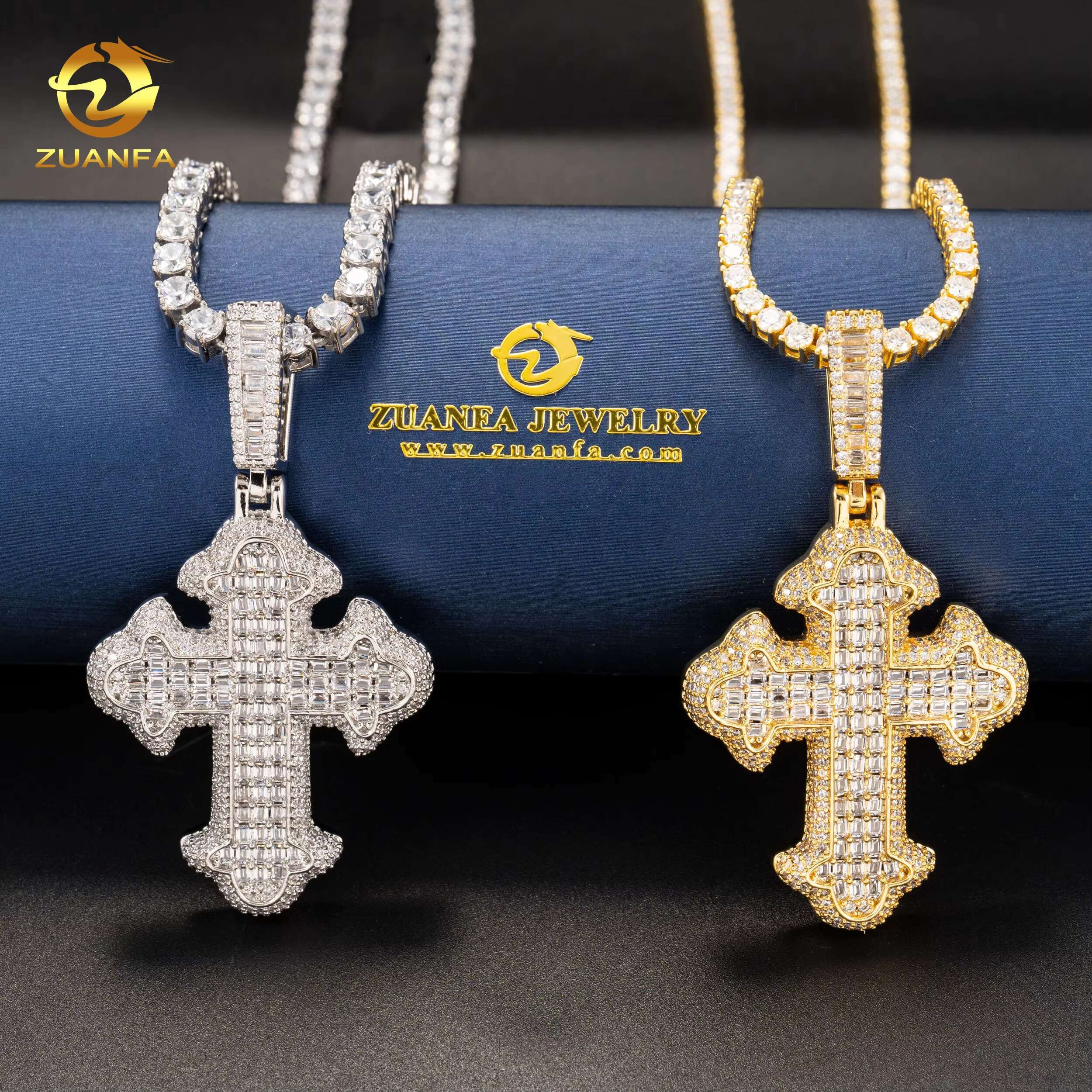 New Arrivals 925 Sterling Silver High Quality Iced Out baguette Hip Hop Lab Diamond Cross Moissanite Pendant