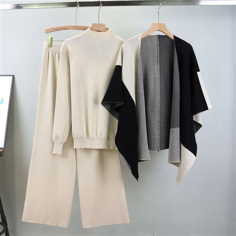 2025 Autumn/winter New Fashionable Knitted Color Blocked Shawl Wide Leg Pants Stylish 3-piece Set for Women Long Printing Temperament New Product New 