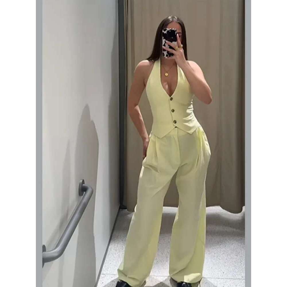 Women Chic Butter Yellow Straight Pants Suit Sexy Off Shoulder Backless Halter Top 2025 New Summer Lady 2 Pieces Set Outfits