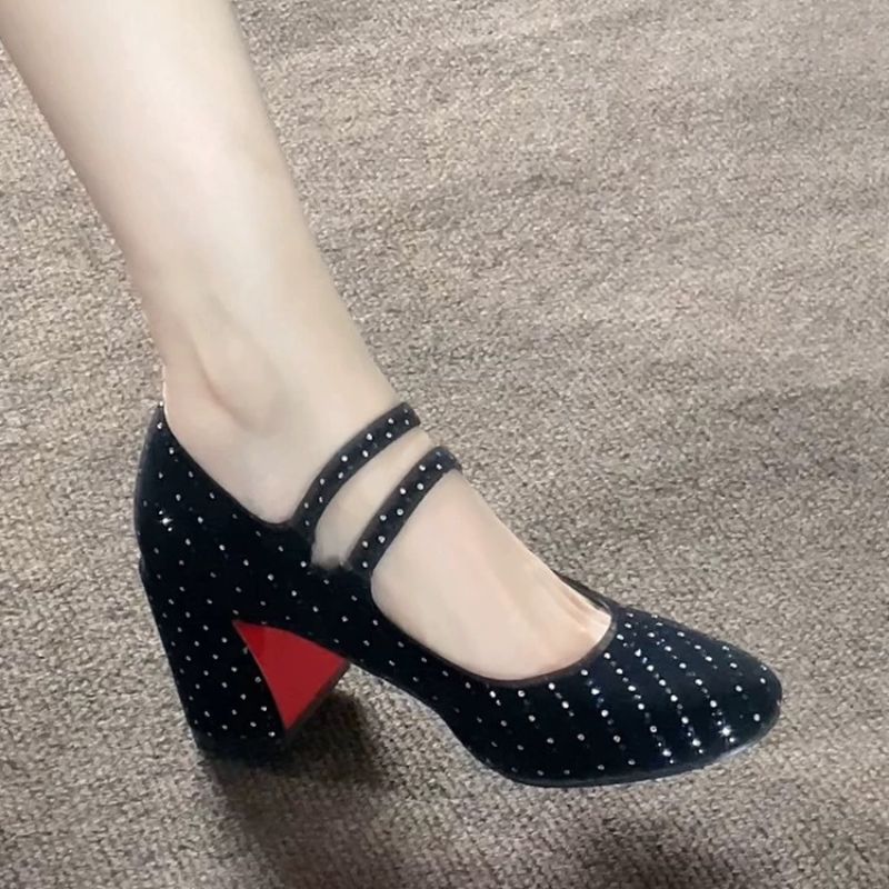 Women's Black White Dot Embellished Double Strap Mary Jane Block Heel Shoes, Party Casual Footwear---168-8