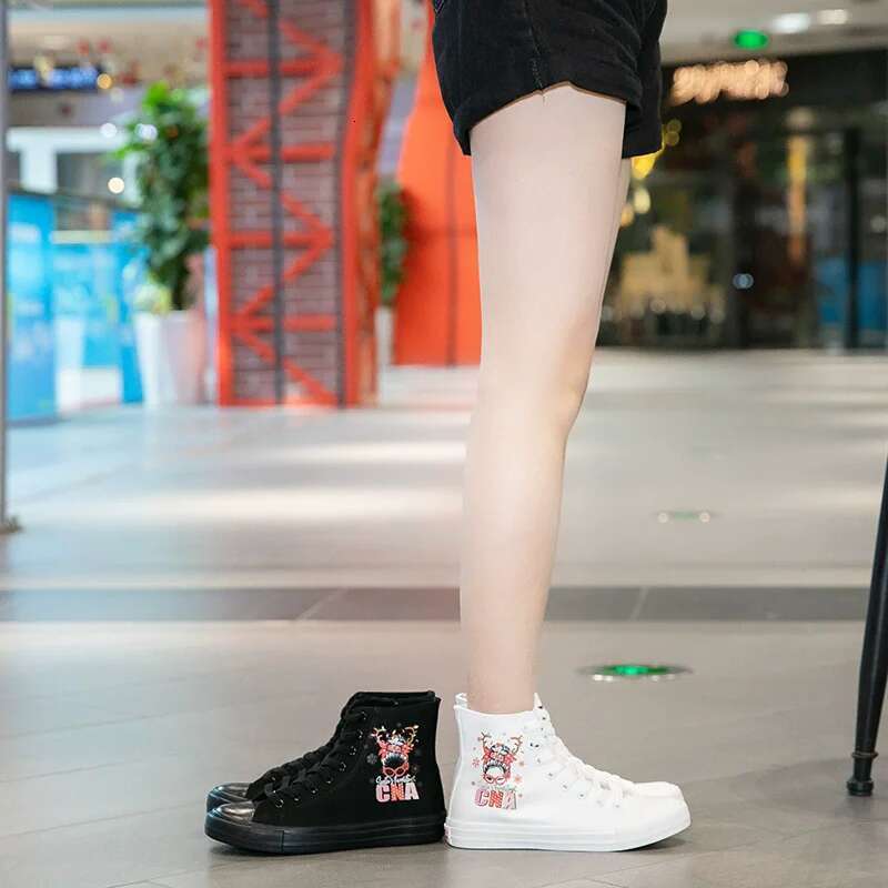 Spring new round toe high-top cross-lace-up fashion print canvas flat heightening casual daily large-size women's shoes