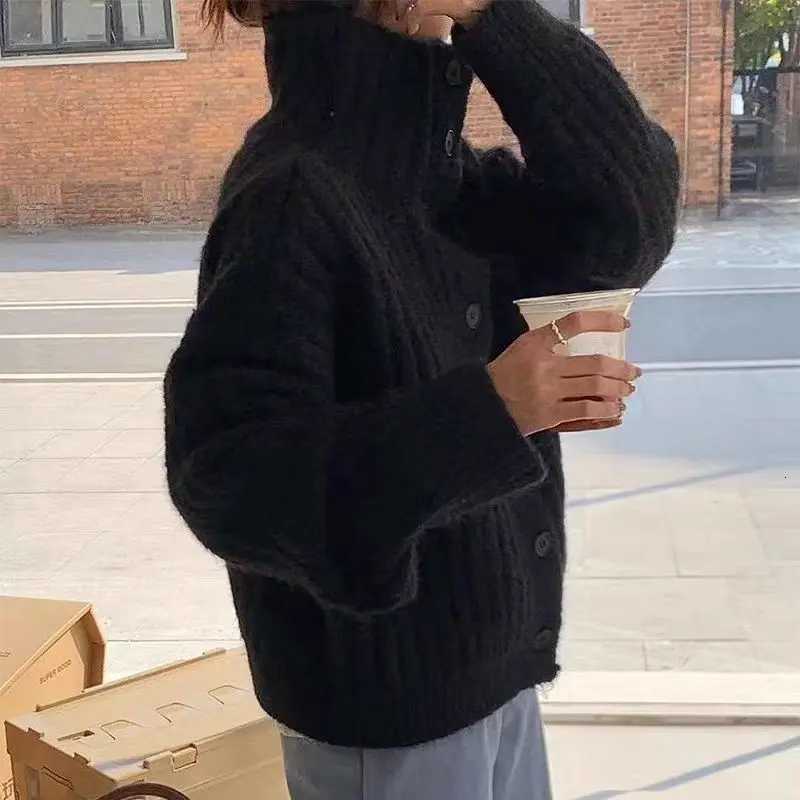 Winter Solid Casual Long Sleeve Office Knitwear Turtleneck Loose Cardigan Women Sweater Pit Strip Thick Knitted Simple JacketsT251125