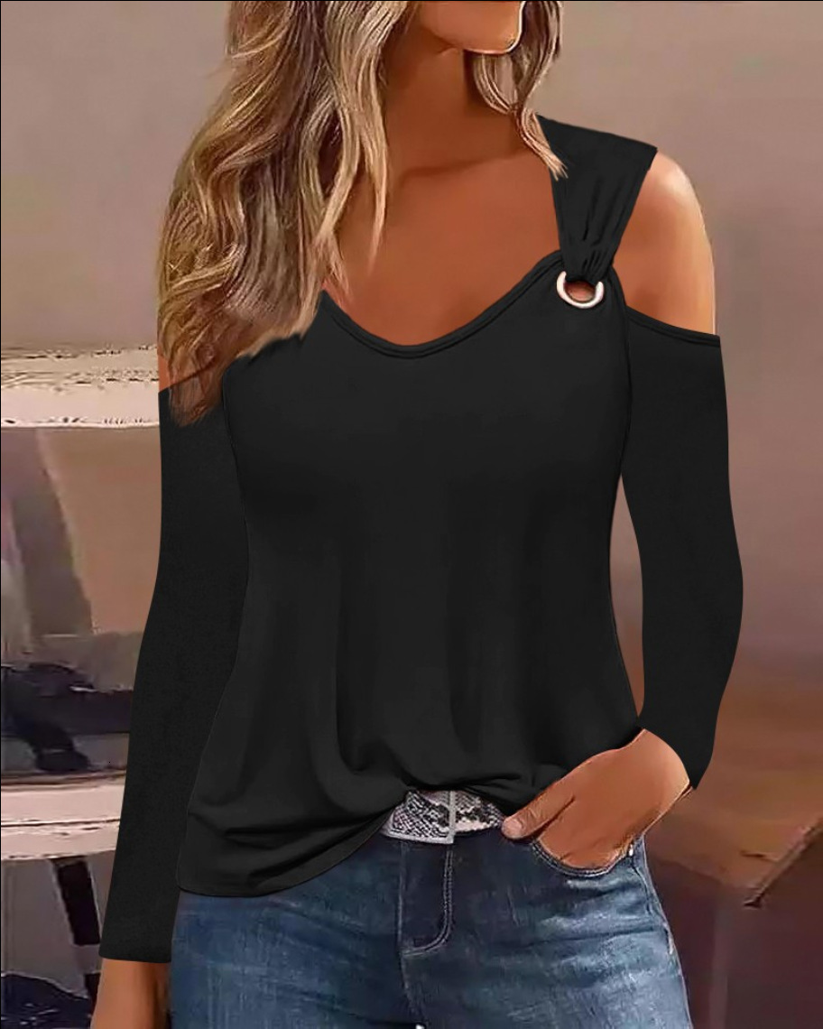 2023 autumn simple metal buckle V-neck shirt womens round neck shirt