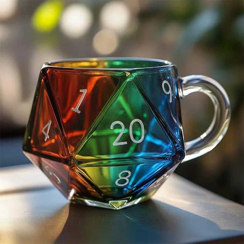 Rainbow Dungeons Dragons D20 Dice Mug With Handle Polyhedral Dice Coffee Cup Transparent Glass Game Mug Gift For Fantasy Lover Y251125