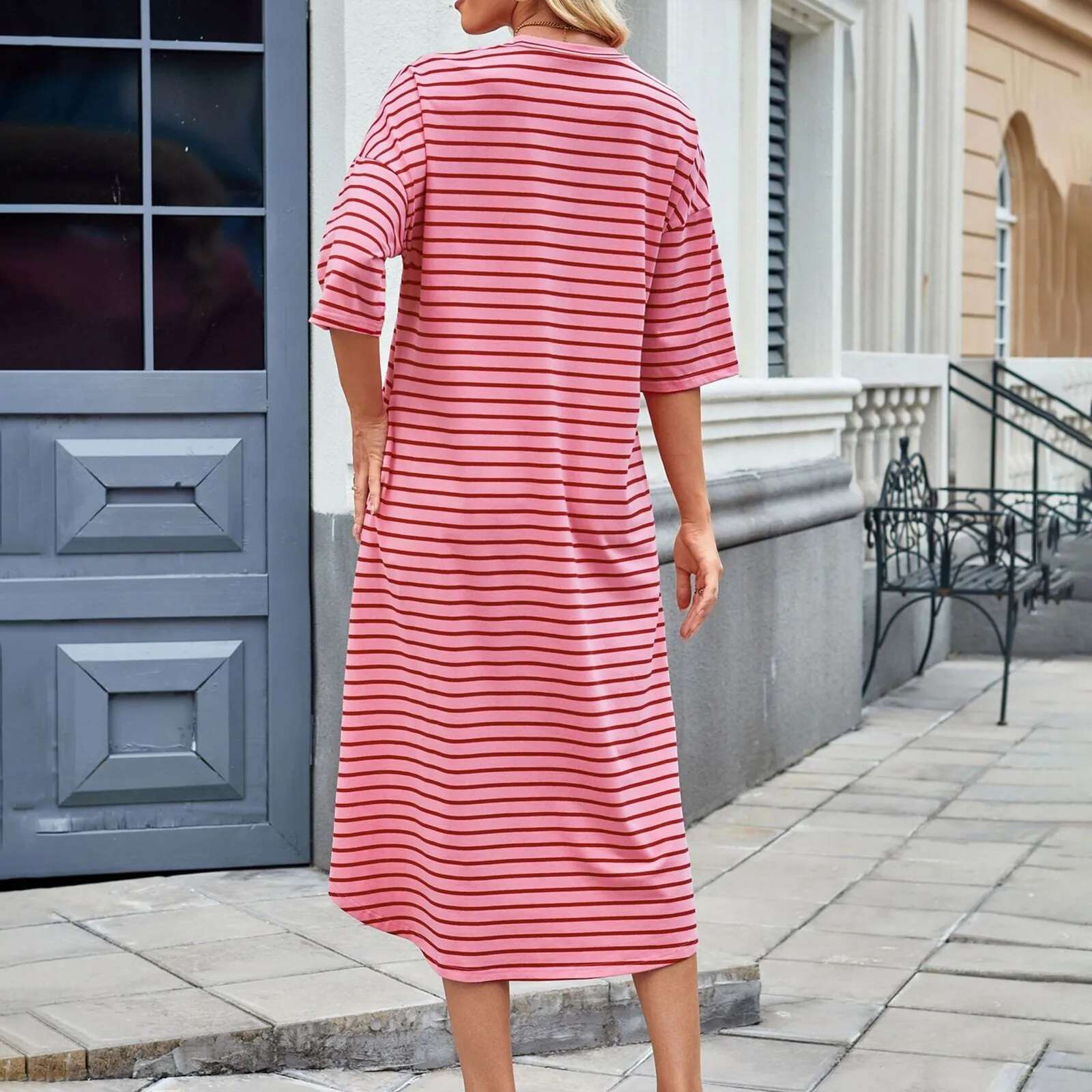 Dongdumaoyi Striped Dress Women Summer New Fashion Korean Medium Long Short Sleeve Knee Length Loose T Shirt Dresses Casual Office