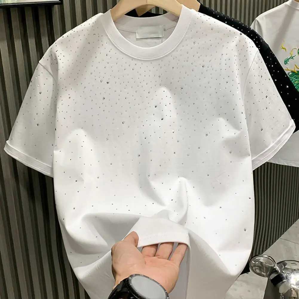 Summer Rhinestone Rivet Mens T-shirt Round Neck Casual T-shirt Fashion Street 2024 Mens Summer Short Sleeve W250425