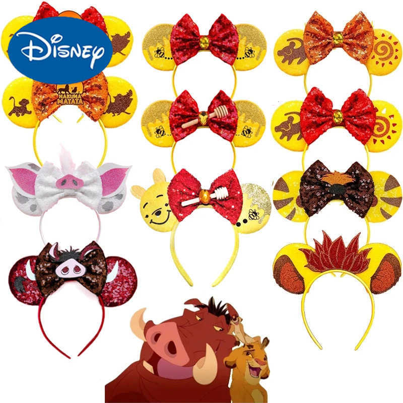 Disney Lion King Mickey Mouse Childrens Ear Straps Mufasa Simba Hair Girl Peng Peng HAKUNA MATATA sequins Bow Hair Accessories X250425