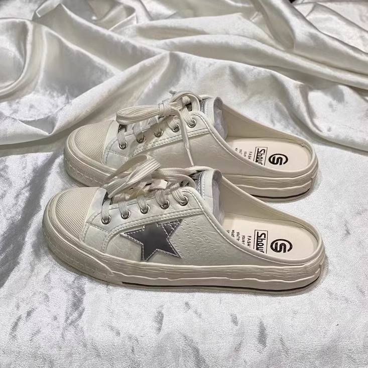 2025 New Retro leisure Women's Board Shoes Star Pattern Wearing Flat Half Slippers Size 35-40