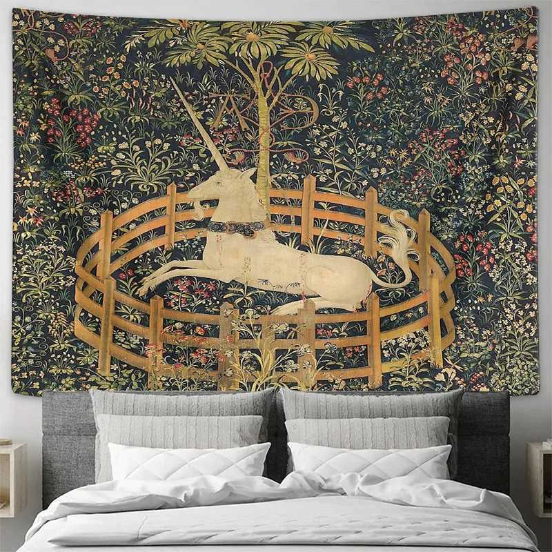 Fantasy Horse Tapestry Forest Deer Wall Hanging Woodland Nature Home Decor Aesthetic Room Art Vintage Gothic Wall ArtM251125