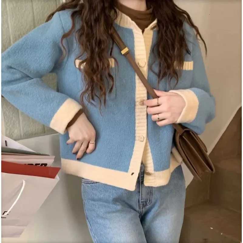 Korean O Neck Contrasting Color Womens Small Fragrance Style Knitted Cardigan Autumn Fashion Short Elegant Sweater Cardigan NewT251125