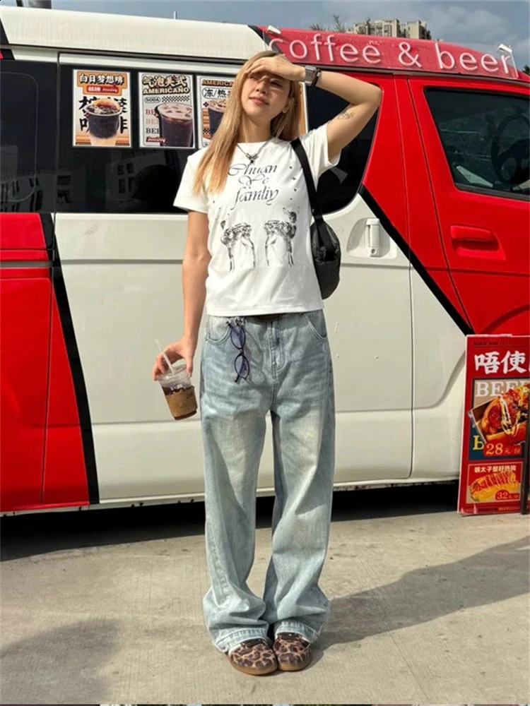 Womens washed retro light blue neutral denim Trouser summer cool girl pants bottom womens high waist wide leg jeans 250417