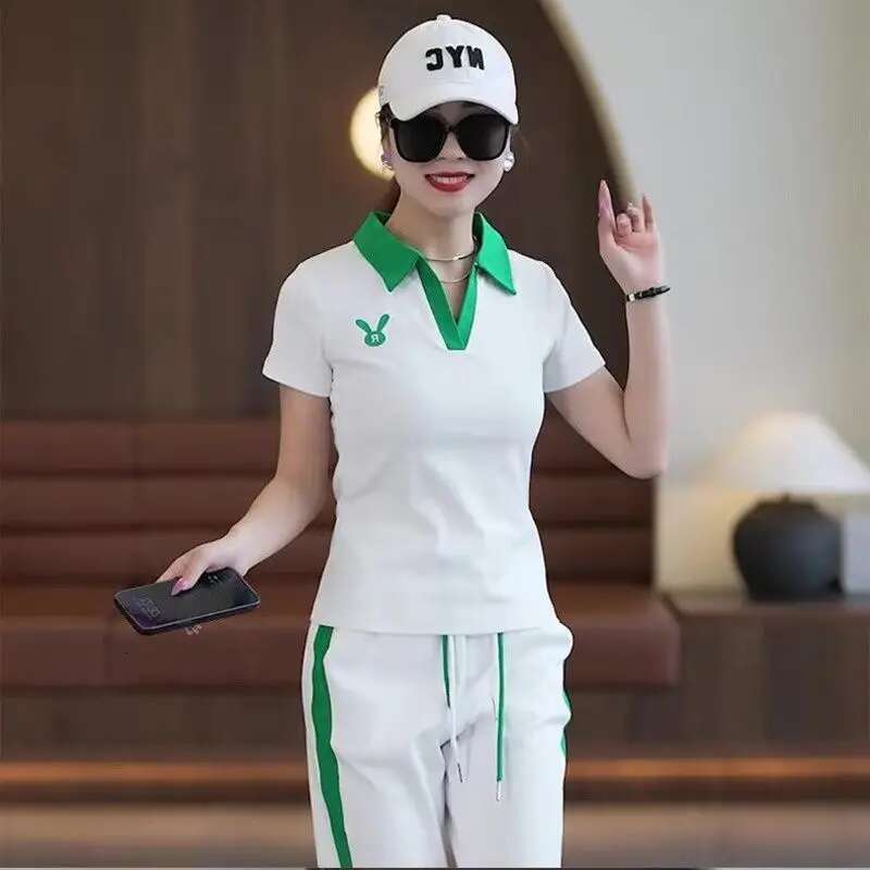 Women's Casual Sports Suit 2025 New Summer Spring Style Clothes Fashion Short Sleeve Lapel T-Shirt Wide Leg Pants Two Piece Set