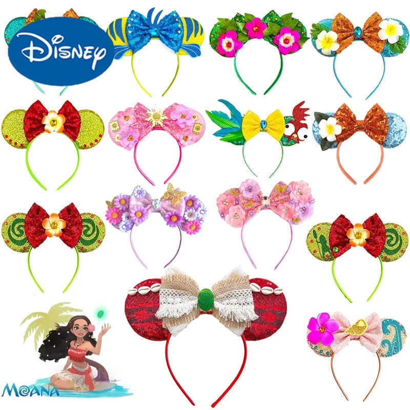 Disney Mickey Mouse Ears Moana Headband Girls Hook Bow Maui Hair Spiral Hook Hair Accessories Children Frangipani Flower Headband X250425