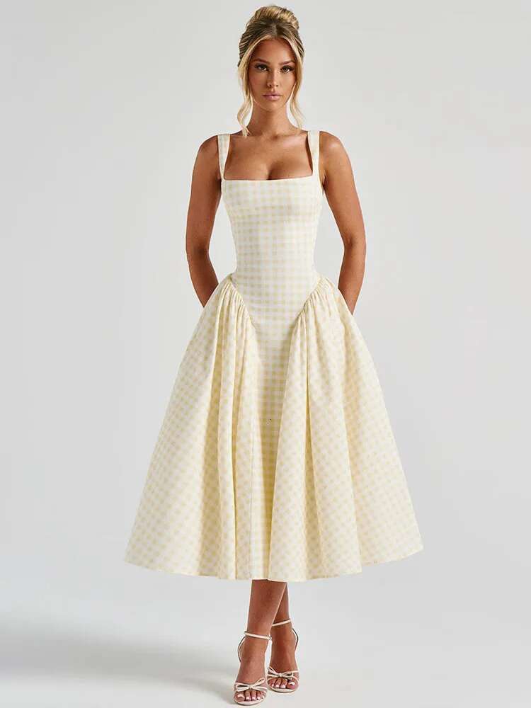 Dongdumaoyi Townlike Plaid Print Midi Long A Line Dress Women Spaghetti Strap Spring Summer Backless Nightclub Sexy Party Dresses