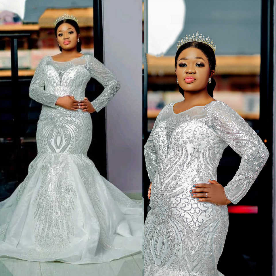 Plus Size Mermaid Wedding Dresses Sheer Neck Long Sleeve Sequins Bride Gowns Customized Beads Bridal Dress Vestido De Noiva