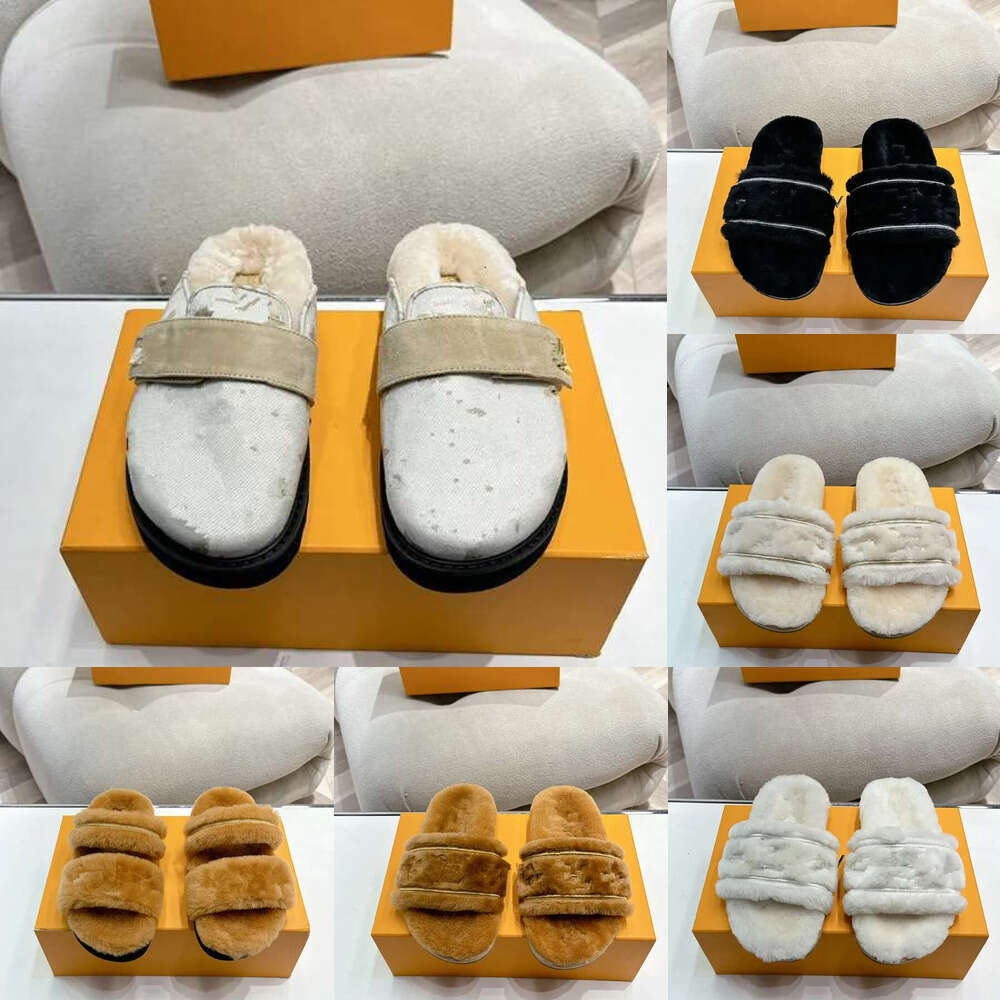 Fashion mule fur slide Sliders Black Beach Shoes 2025 Designer sandal Pool Pillow Flat Comfort Mules Woman shoe Suede Shearling wool fur slipper winter slipper