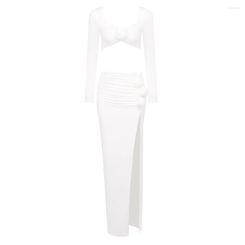 Two Piece Dress Floral Design Sexy Trend Hanging Neck Patchwork Backless Slit Long Skirt Set