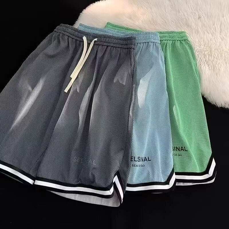 Short men's new outfit, casual, loose, breathable, ice silk mesh basketball sports five quarter pants for summer