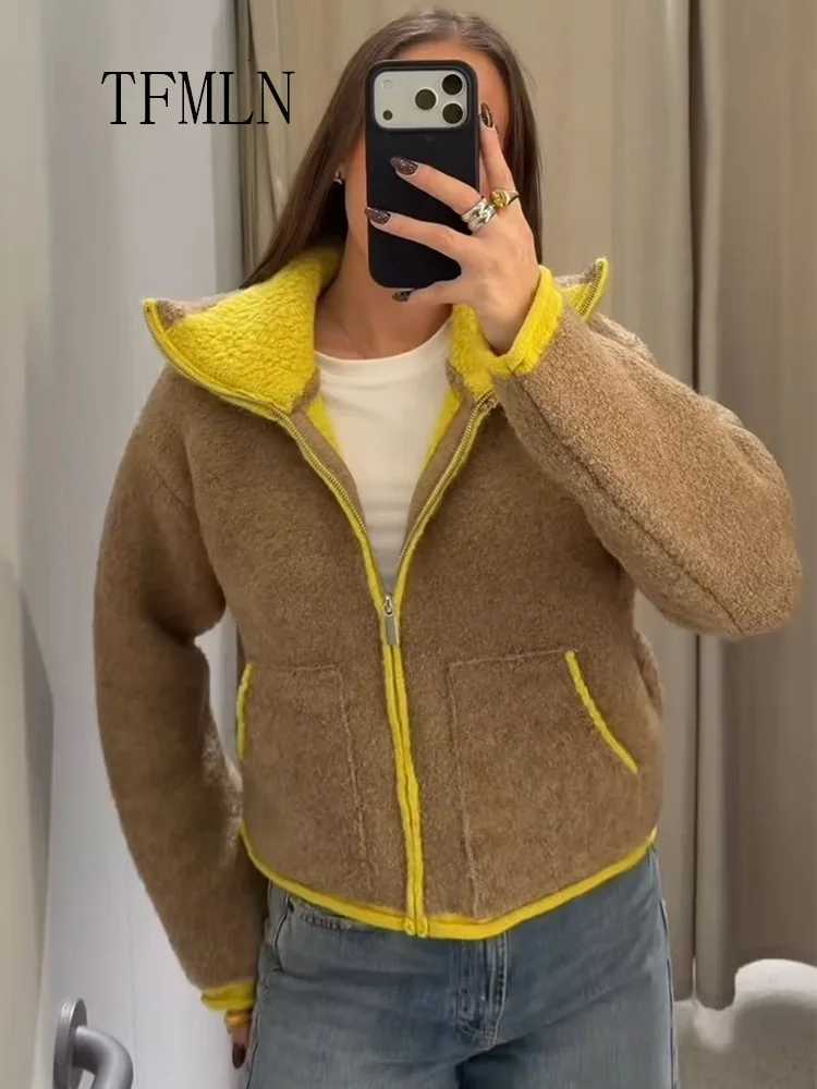 TFMLN 2025 Autumn Winter Knitted Sweater For Women Causal Stand Collar Warm Cardigan Tops Retro Loose Zipper Pockets KnitwearT251125