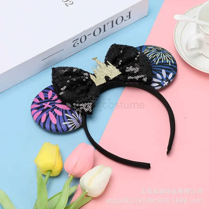 Disney Castle Girl Headband Carnival Bloom Fireworks Children Disney Glitter Bow Mickey Ears Hair Accessories Women X250425