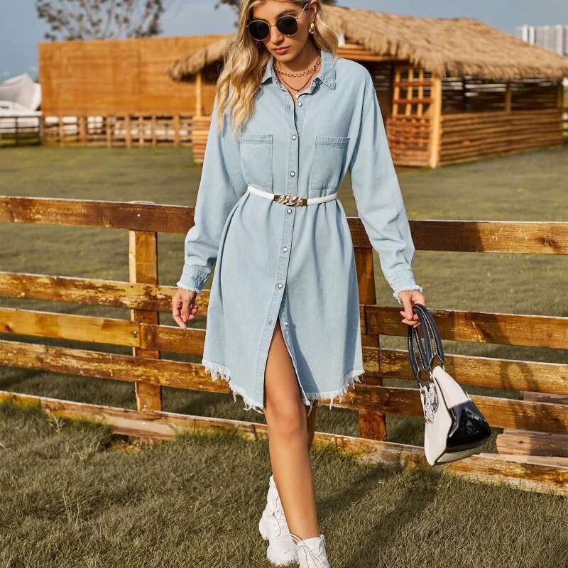 Dongdumaoyi New Vintage Washed Denim Loose Casual Long Sleeve Frayed Hem Women S Dress C
