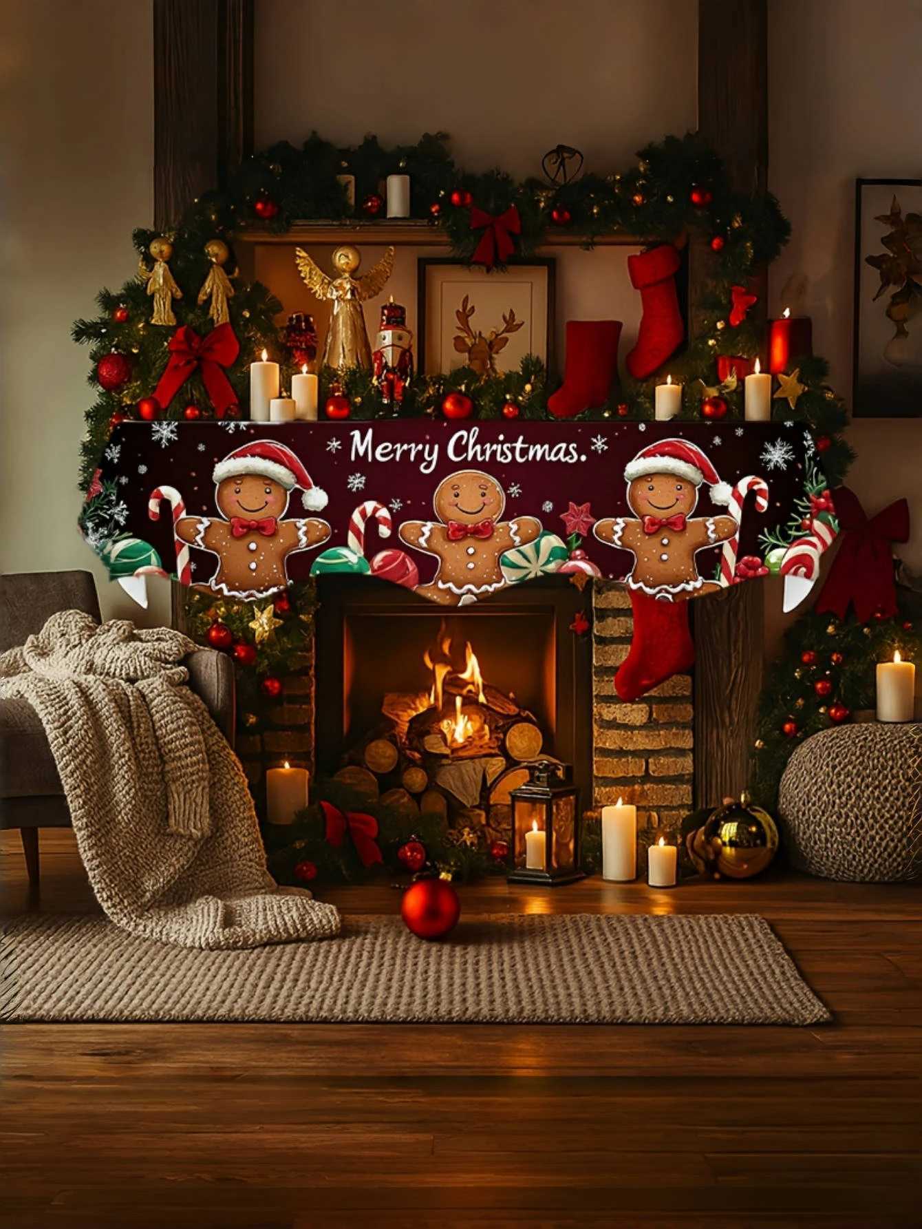 1 pcs Christmas Fireplace Scarf - with Gingerbread Man Greetings is your perfect holiday gift and suitable for home decorationM251125