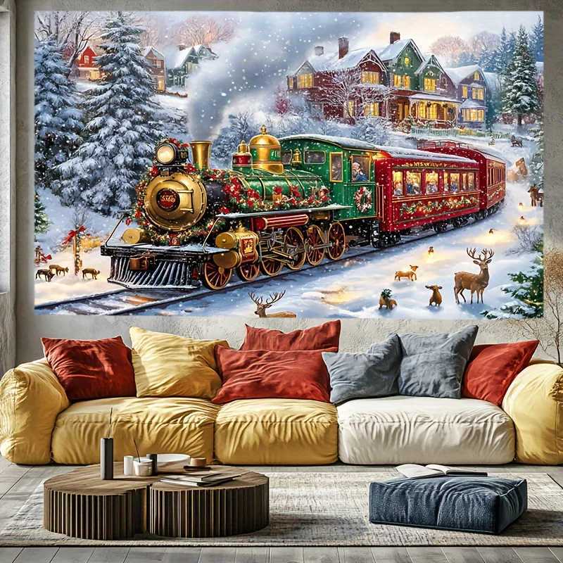 Glam Christmas Tapestry with Polar Express Train Snow Scene - Polyester Wall Hanging with Santa Reindeer Festive Decor SquarM251125