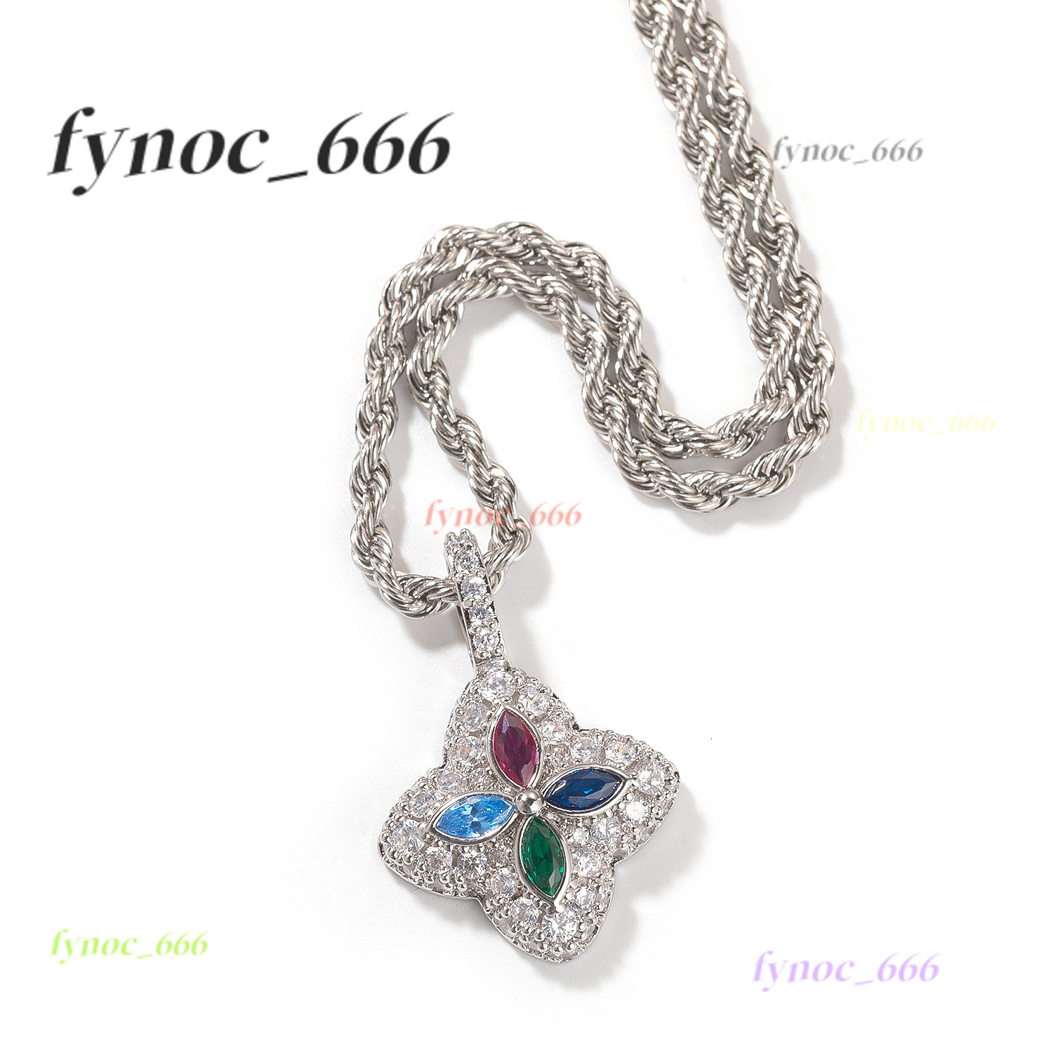 Iced Out Luminous Colored moissanite Clover Pendant Blue Marquise Motif Infinity Pendant