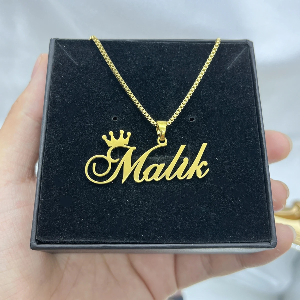Customized Detachable Big Pendant Crown Name Necklace Stainless Steel Box Chain Personalized Nameplate Necklace Fashion Jewelry 250425