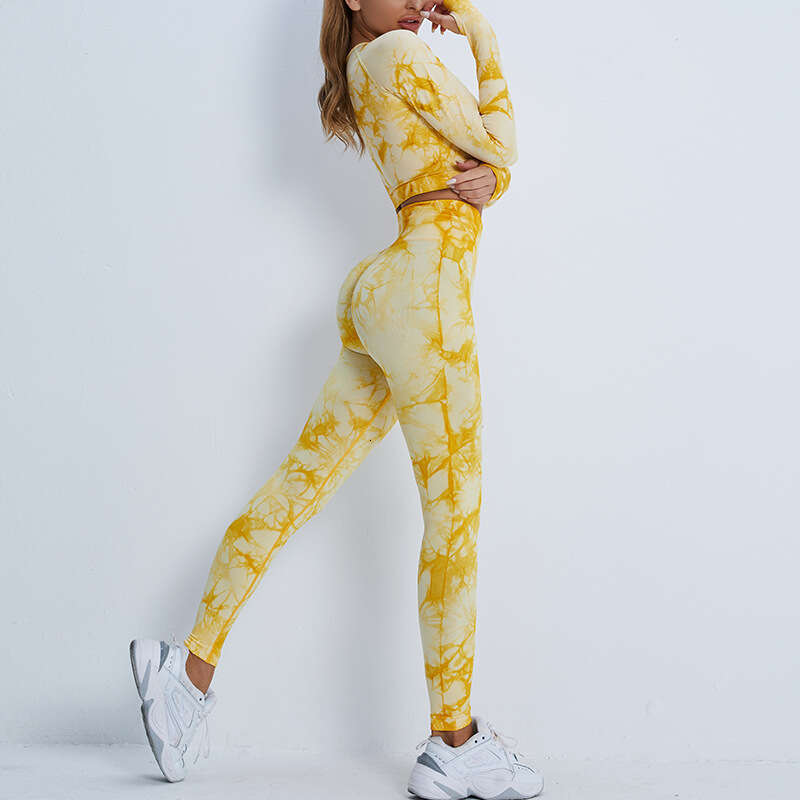 Peach Hip Tie Dyeing Clothes Naked Sensation Grinding Sports Sleeve Fiess Long Pants Yoga Set for Women 2025 New Style, Unique and Elegant Clothing