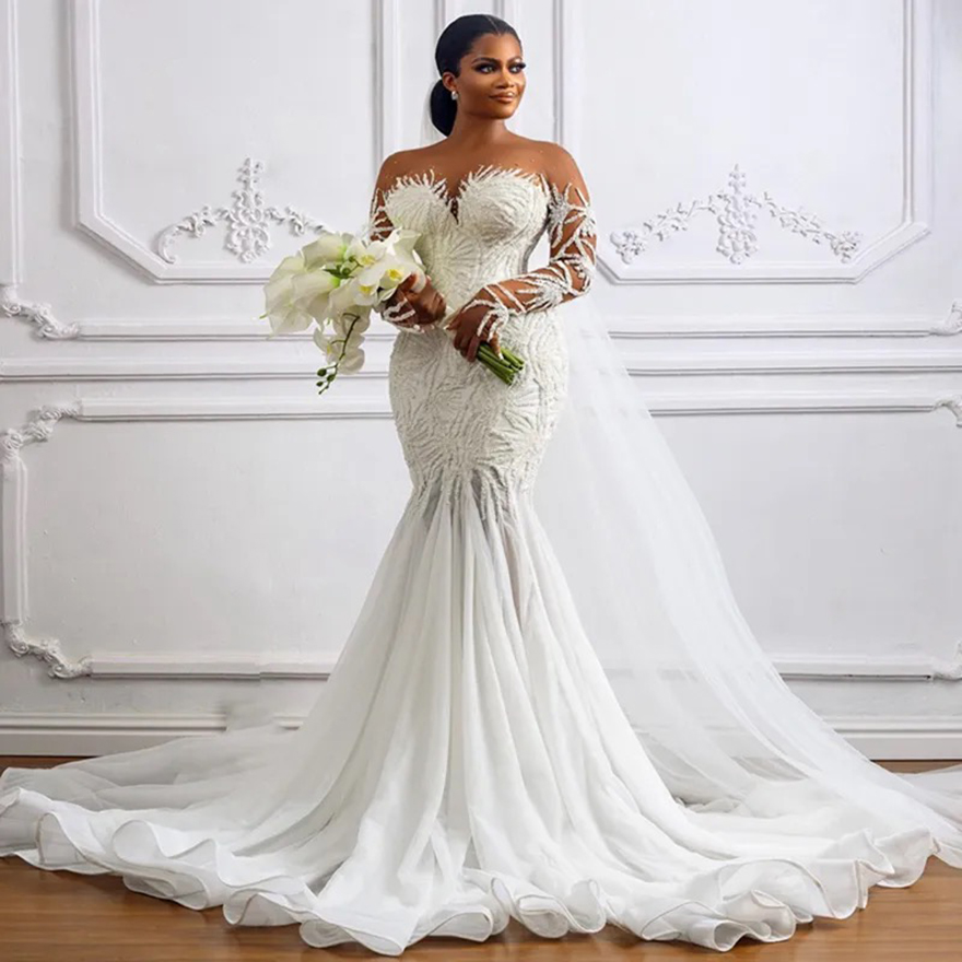 2025 Plus Size Wedding Dress Bridal Gowns For Bride Mermaid Sheer Neck Long Sleeves Appliqued Beaded Lace Tiered Tulle Beaded Lace Wedding Gowns For B