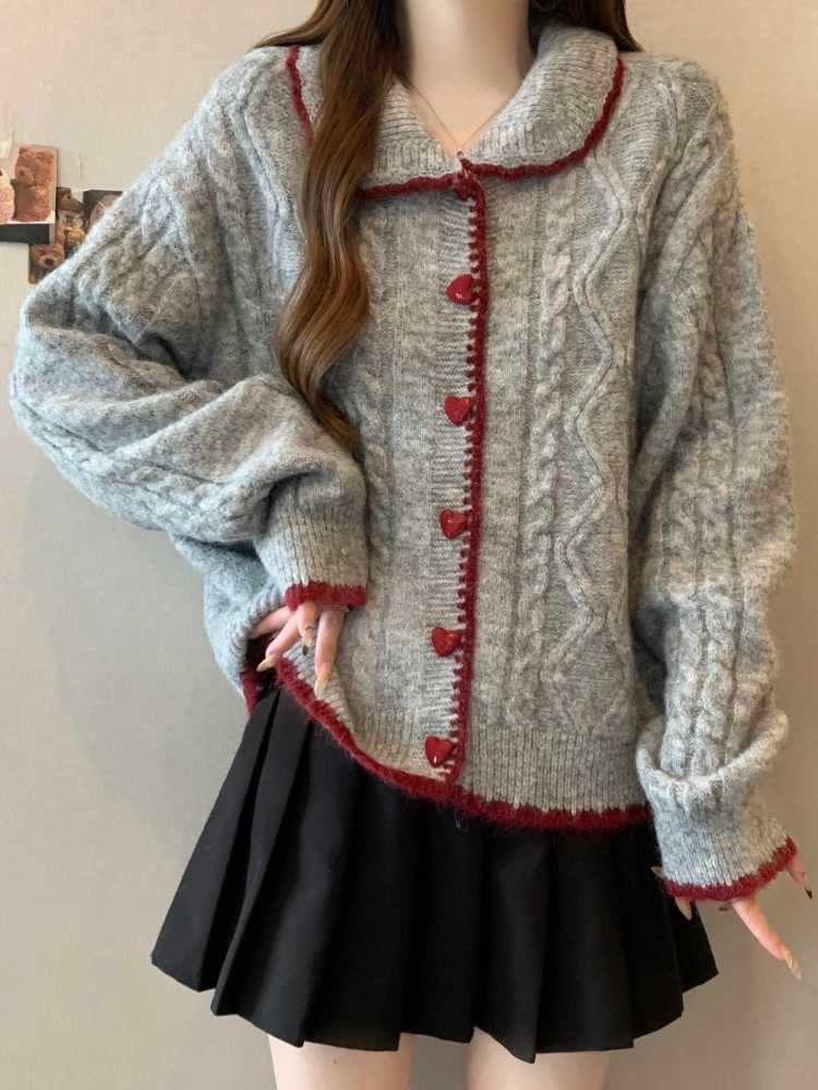 New Loose Sweater Autumn Winter Retro Love Button Knitted Sweater Womens Outer Wear Lazy Style Doll Collar Twist Cardigan TopsT251125