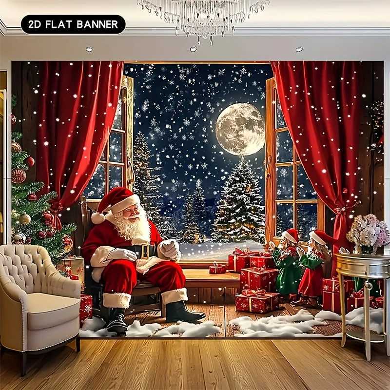 Santa Claus Christmas Tree Tapestry Moonlit Night with Red Curtains and GiftsFestive Wall Art for Holiday Home and Party DecorM251125
