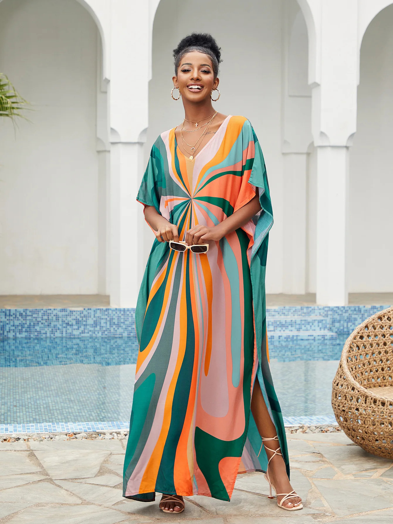 Womens Kaftan Dress Ethnic Bohemian Printed Swimsuit Covered Vneck Cafe 250422