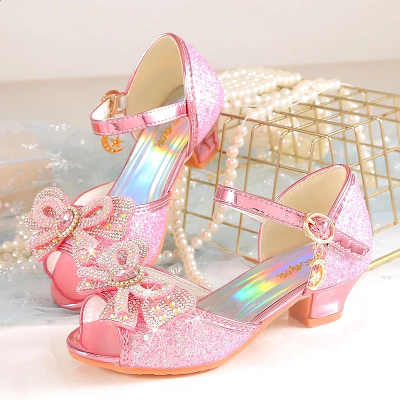 Summer girls sandals with heels fashionable rhinestones sparkling shoes childrens princess bow pearl dance shoes H876 250424
