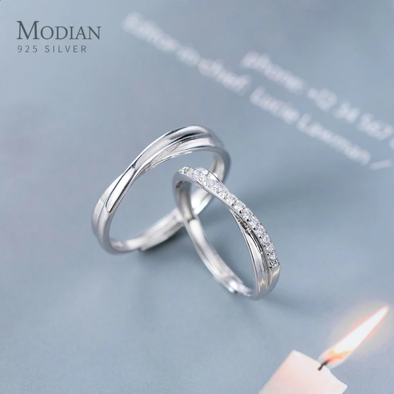 Modian Romantic Engagement Couple Ring 925 Pure Silver Shiny Transparent CZ Gloss Line A Pair Ring Jewelry 250422