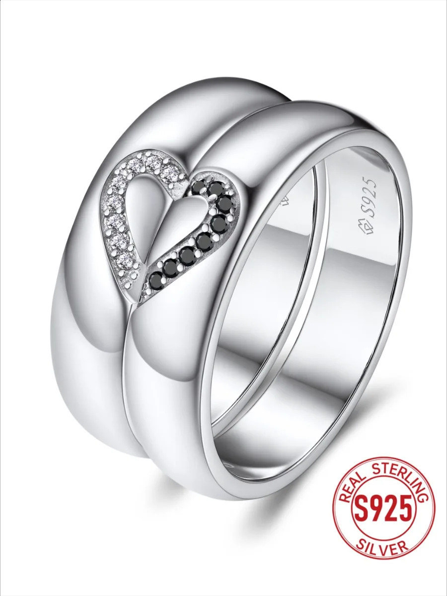 U7 pure silver matching heart-shaped silica couple ring white black gemstone 5mm flat ribbon wedding anniversary unisex ring 250422