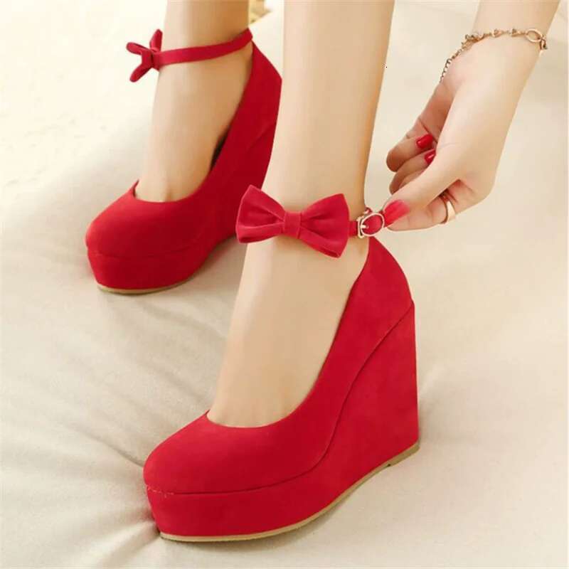 Spring round toe pearl rhinestone waterproof platform wedding wedge heel high-heeled large banquet dress women's shoes