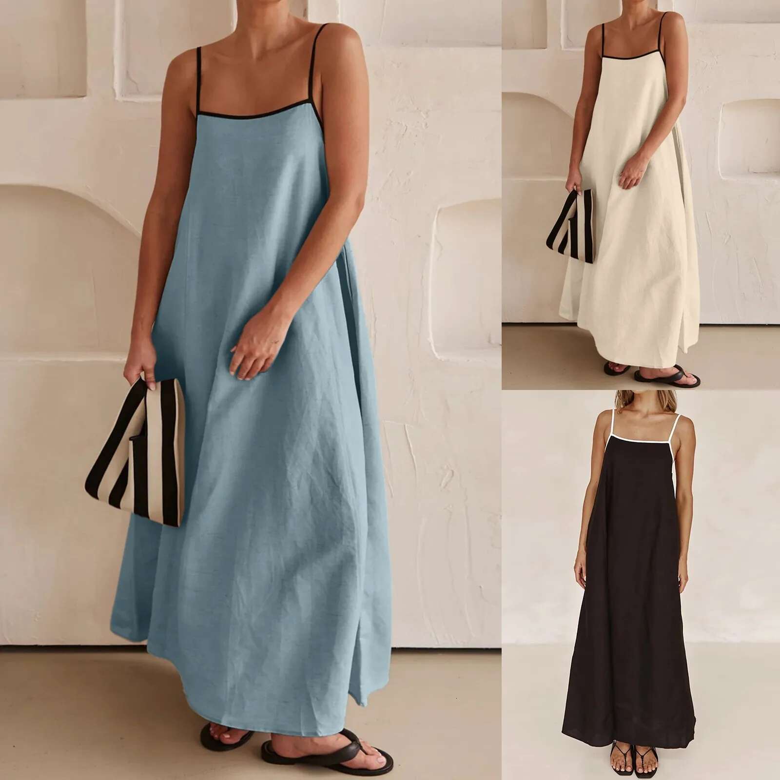 Dongdumaoyi Fashion Contrasting Color Cotton Camisole Dress Spring And Summer Women Simple Loose Ventilate Large Hem Vacation Leisure