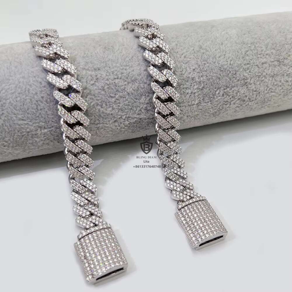 Rapper Jewelry Men Chain 13mm 2 Row VVS Moissanite Cuban Link Chain Hip Hop Jewelry Moissanite Cuban Link Ice Out Cuban Chain