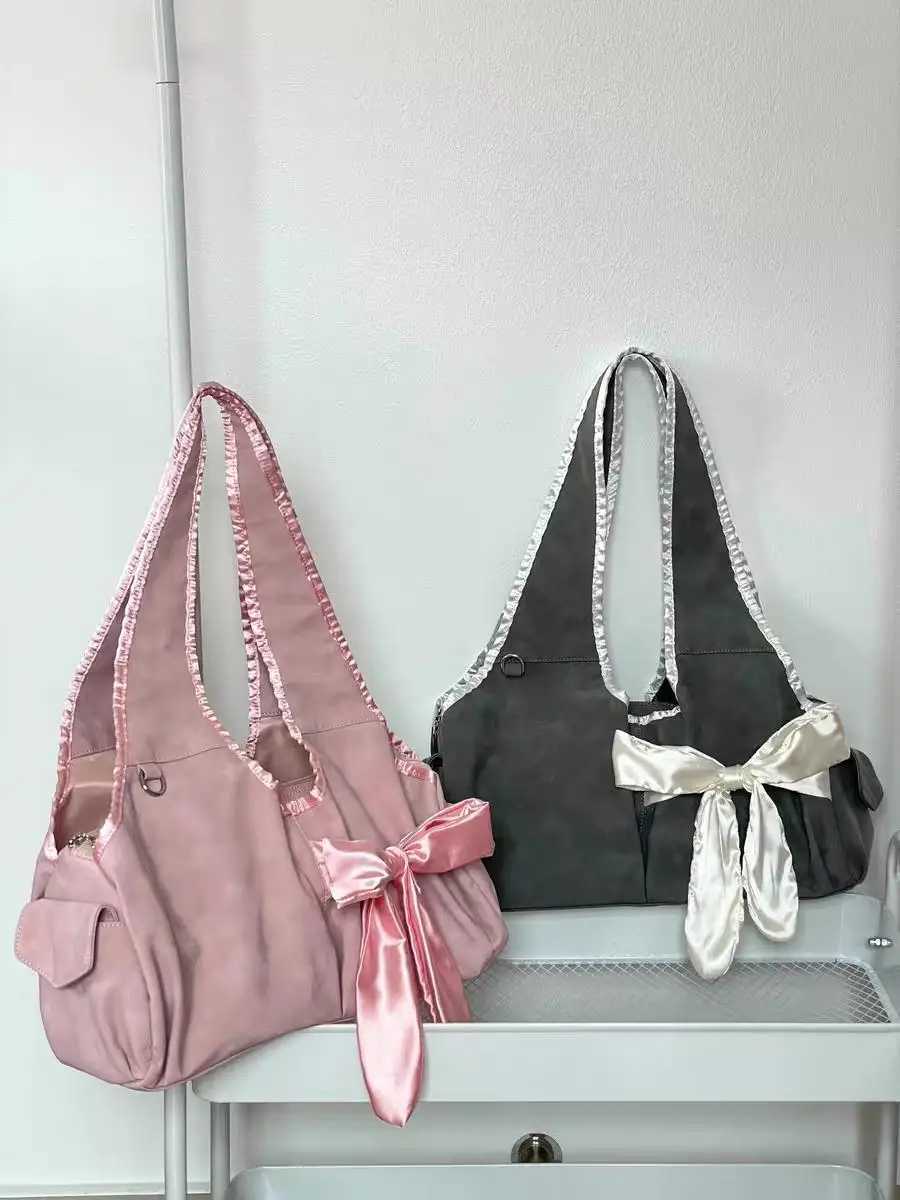 JIAERDI Harajuku Large Capacity Handbag Womens Fairycore Aesthetic Bow Unique Grey Handbag Womens Retro Cute Shoulder Bag New W250421