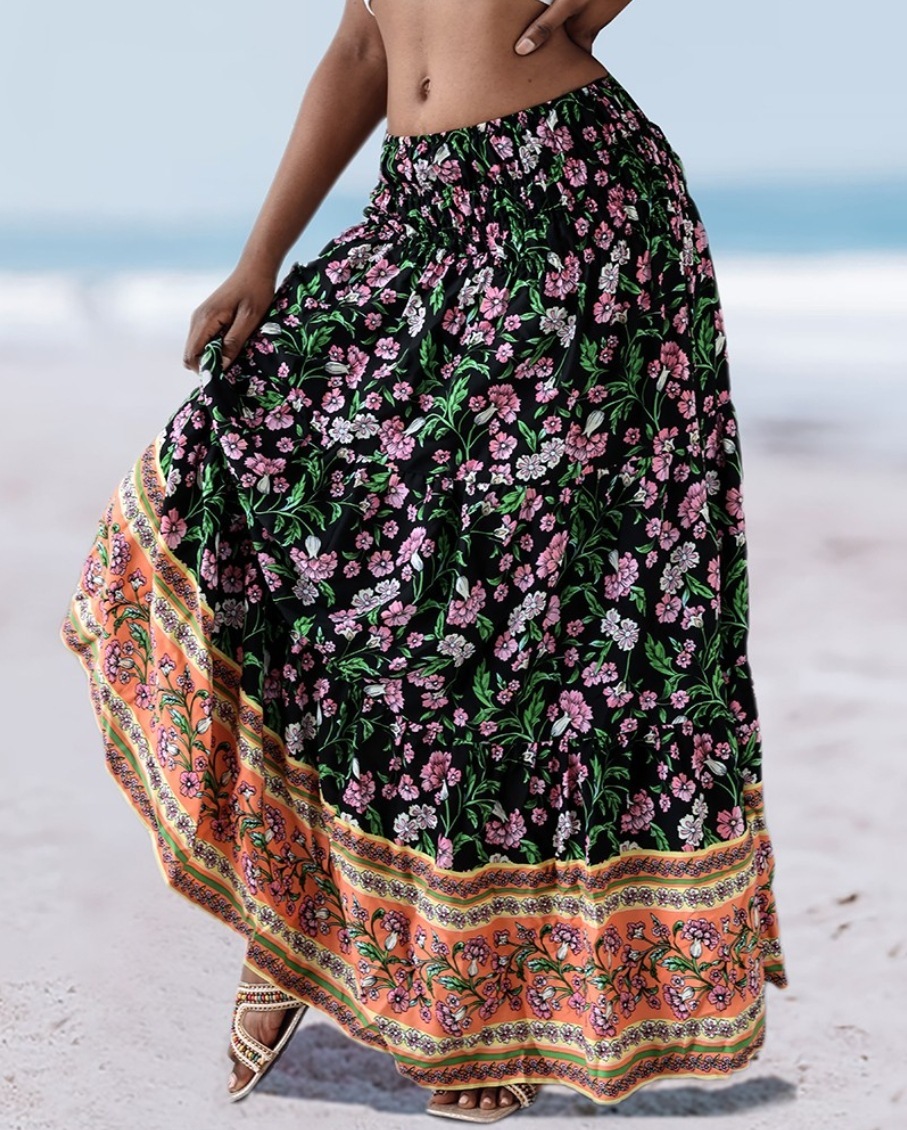 2025 Summer High Waist Elastic Waist Loose Printed Long Skirt for Women