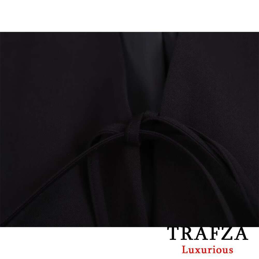 TRAFZA Casual Oversized Black Blazer V Neck Bow Tie Pockets Loose Jackets Fashion 2025 Streetwear Women Outwears