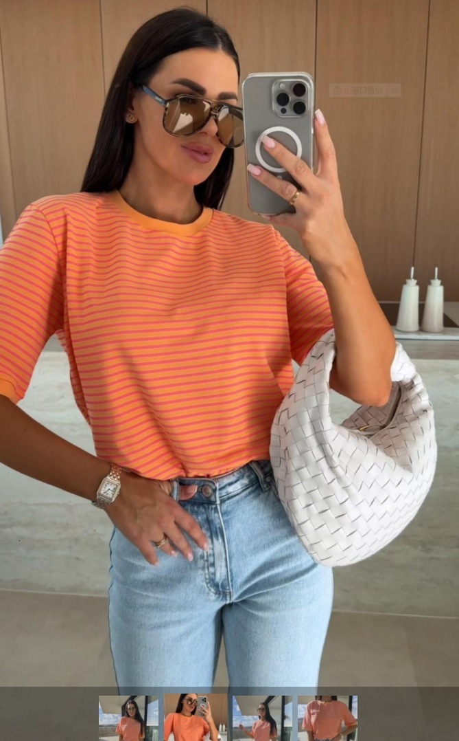 2025 Summer Casual Striped Round Neck Loose Color blocked Short Sleeve Womens T-shirt