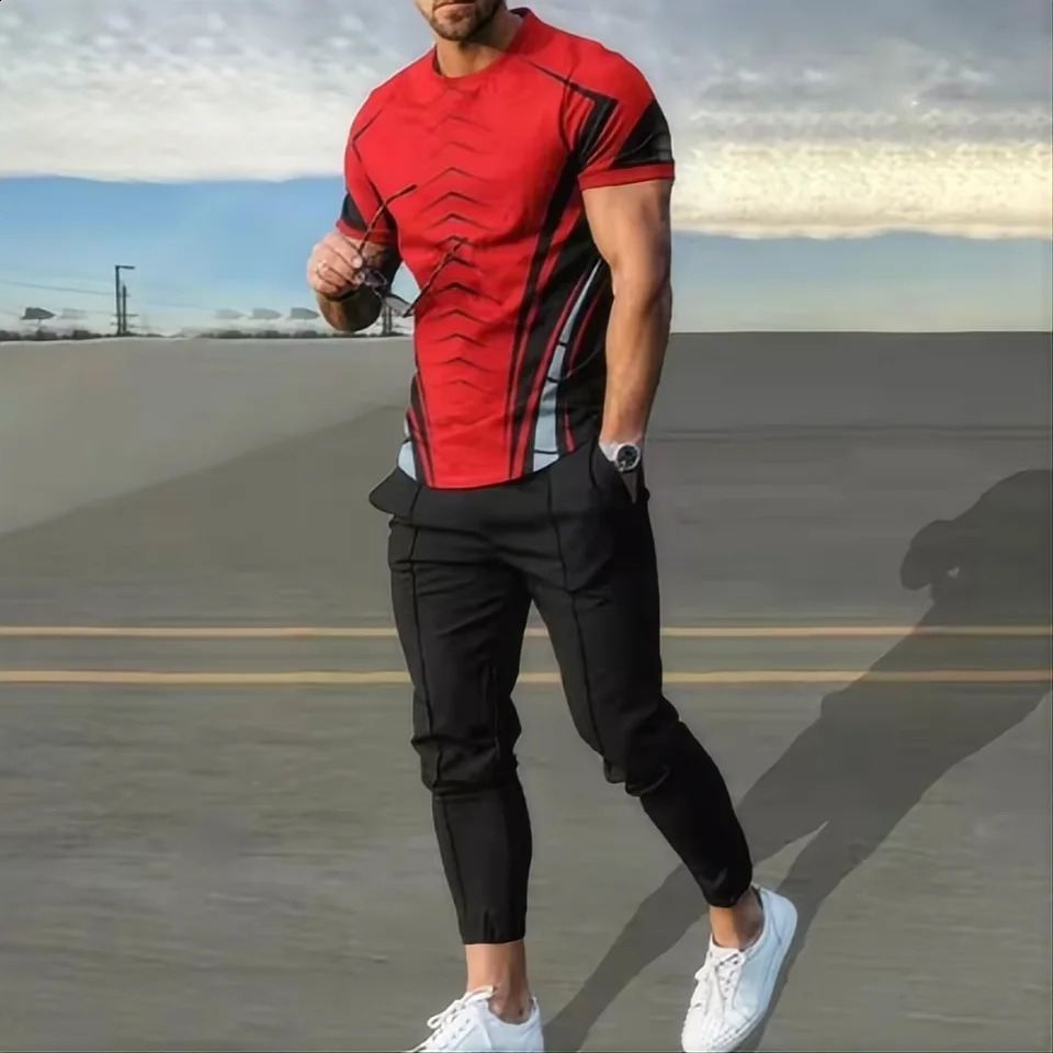 Summer mens sportswear set short sleeved T-shirt long pants two-piece set mens sportswear 3D printing casual trend exceeds the standard 250422