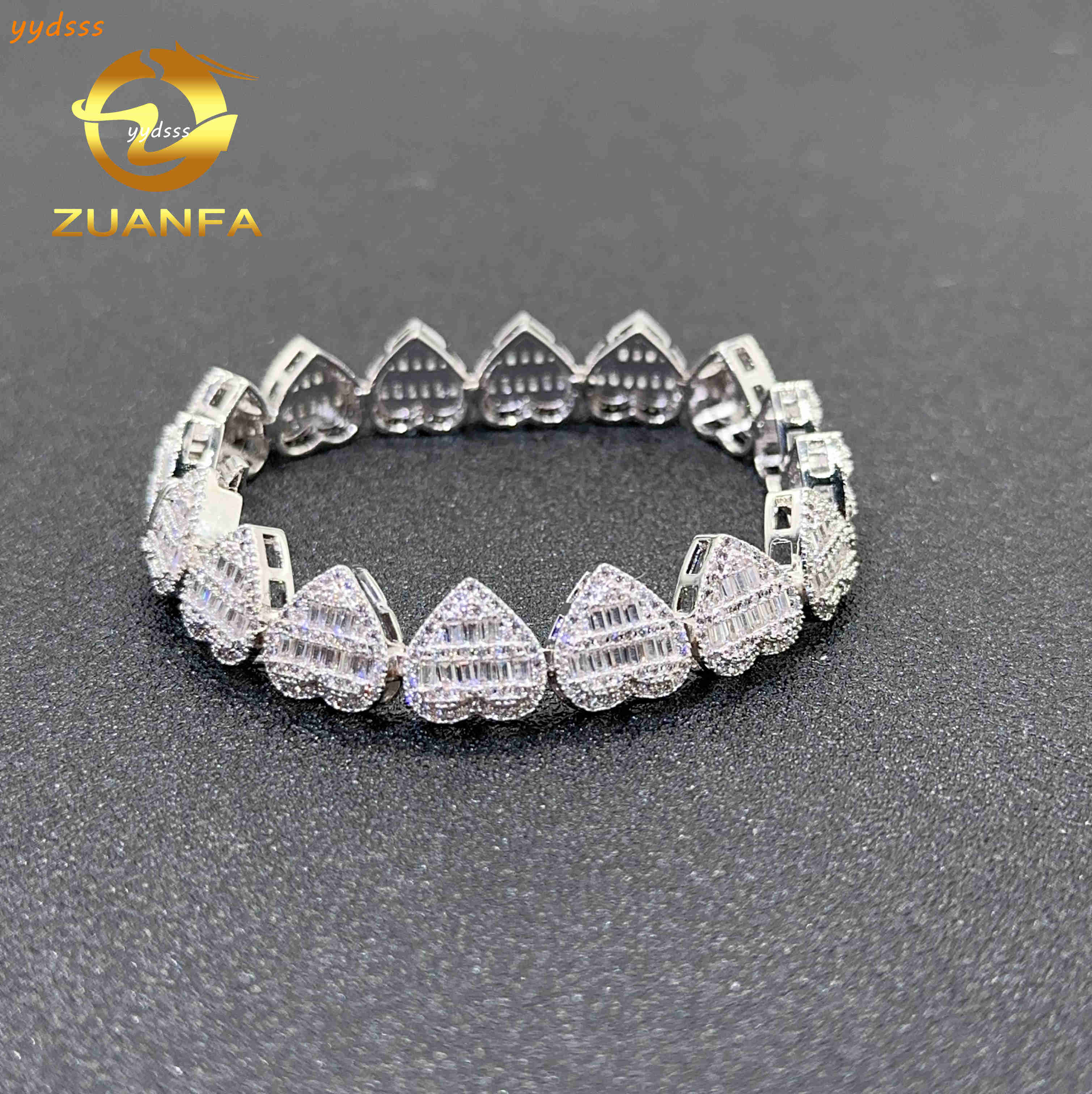 Hip Hop Bracelet Heart Shape Baguette Cut S925 Silver VVS Moissanite Diamond Iced Out Cuban Chain Bracelet